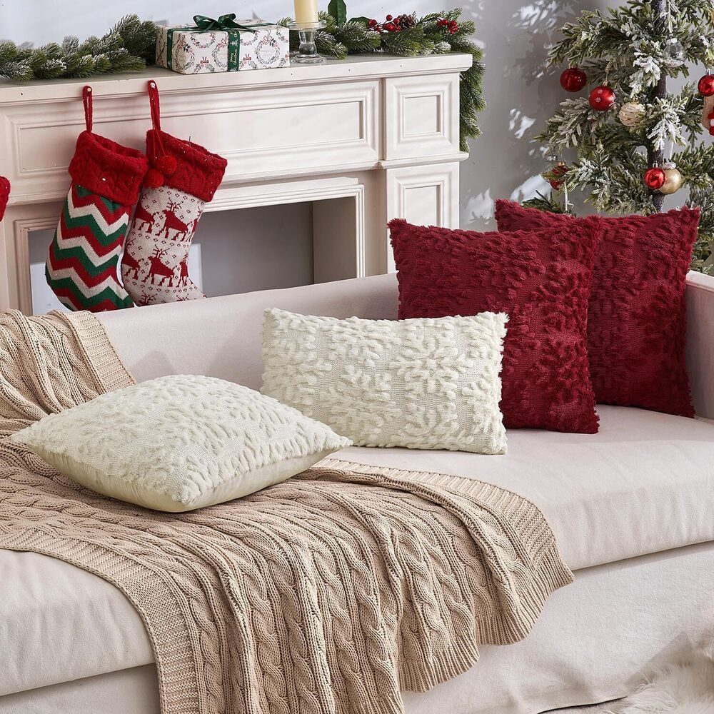 5769 Christmas Burgundy Red Throw Pillow Covers Snowflakes Decorative 16×16 - Picture 5 of 6